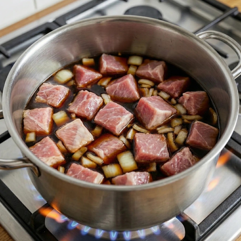 백종원 레시피 조리 시작 - 냄비에 고기, 양파, 간장 양념 넣고 끓이기