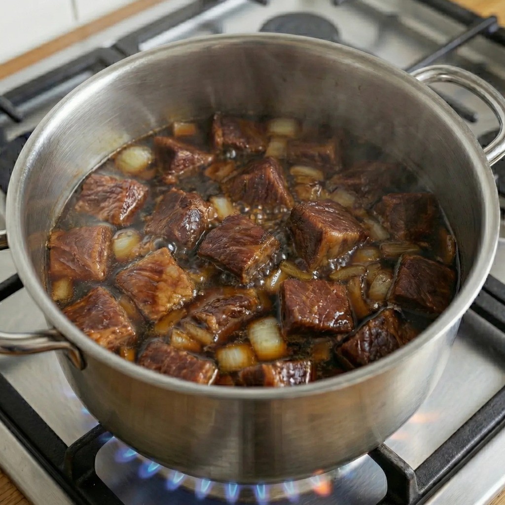 부드러운 식감을 위한 조리 과정 - 약불에서 고기 푹 졸이기