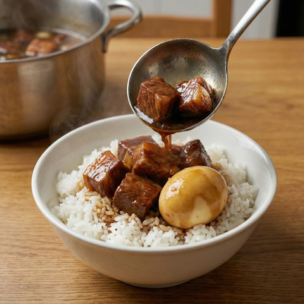 돼지고기 덮밥 플레이팅 - 밥 위에 고기와 삶은 달걀 올리고 소스 뿌리기