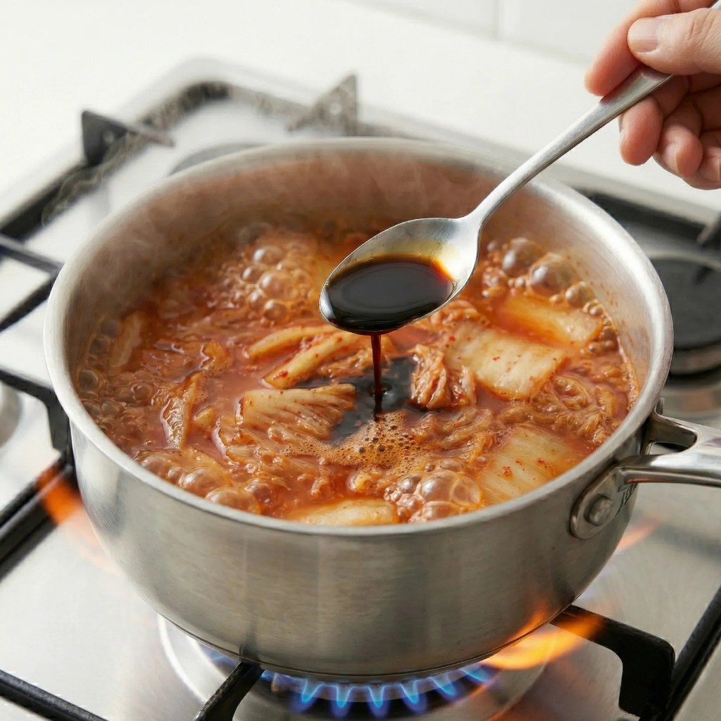 얼큰한 김치 수제비 양념하기 - 신김치와 국간장 액젓으로 감칠맛 내는 조리 과정