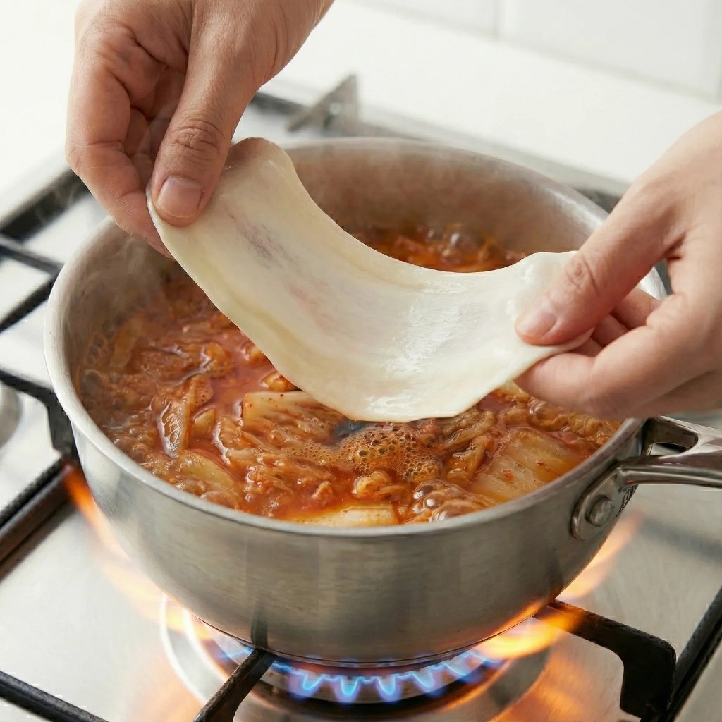 수제비 얇게 뜨는 법 - 숙성된 쫄깃한 반죽을 한입 크기로 떼어 끓는 육수에 넣는 모습
