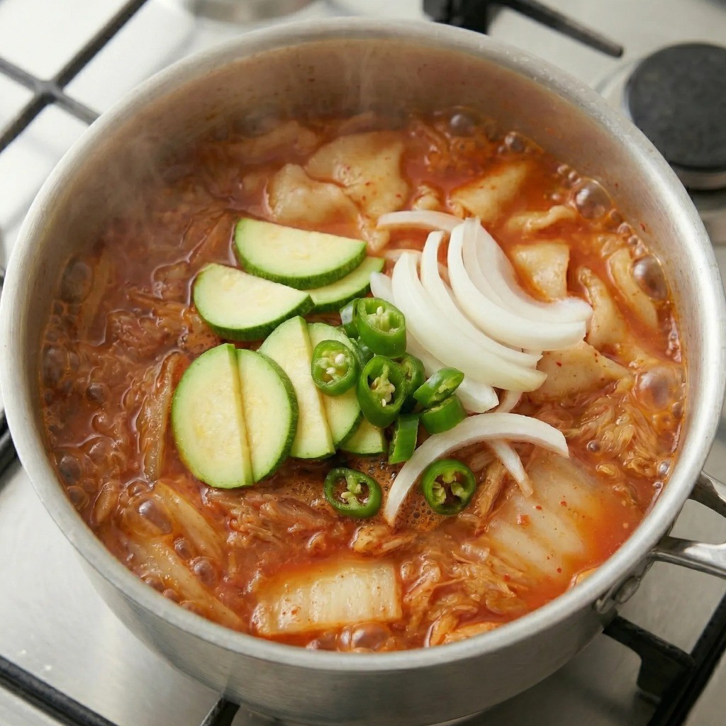 백종원 김치 수제비 레시피 완성 단계 - 애호박 양파 청양고추를 넣고 끓이는 모습