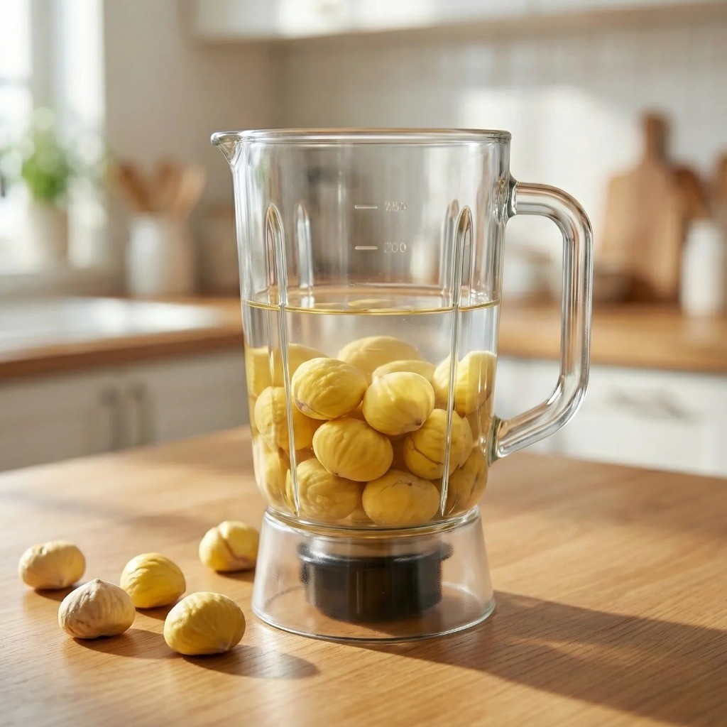 백종원 밤죽 조리 과정 믹서기에 깐밤과 물 넣기