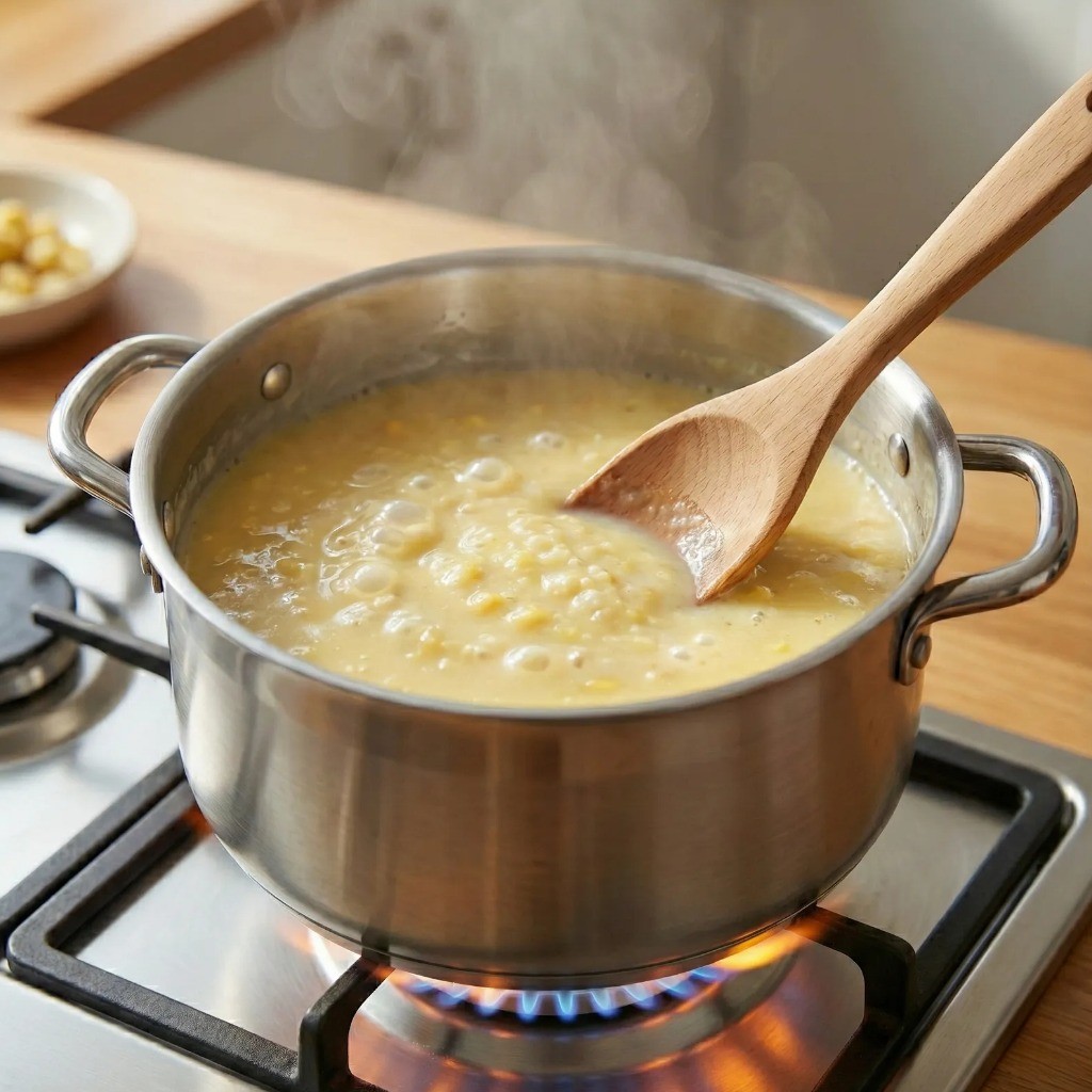 냄비에서 끓이는 고소한 밤물 밤죽 조리 과정