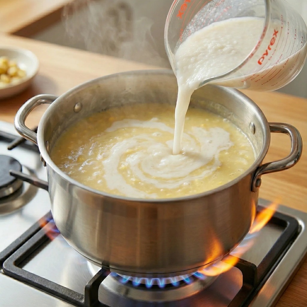 찬밥을 갈아 만든 밥물을 밤죽에 넣어 농도 조절하기