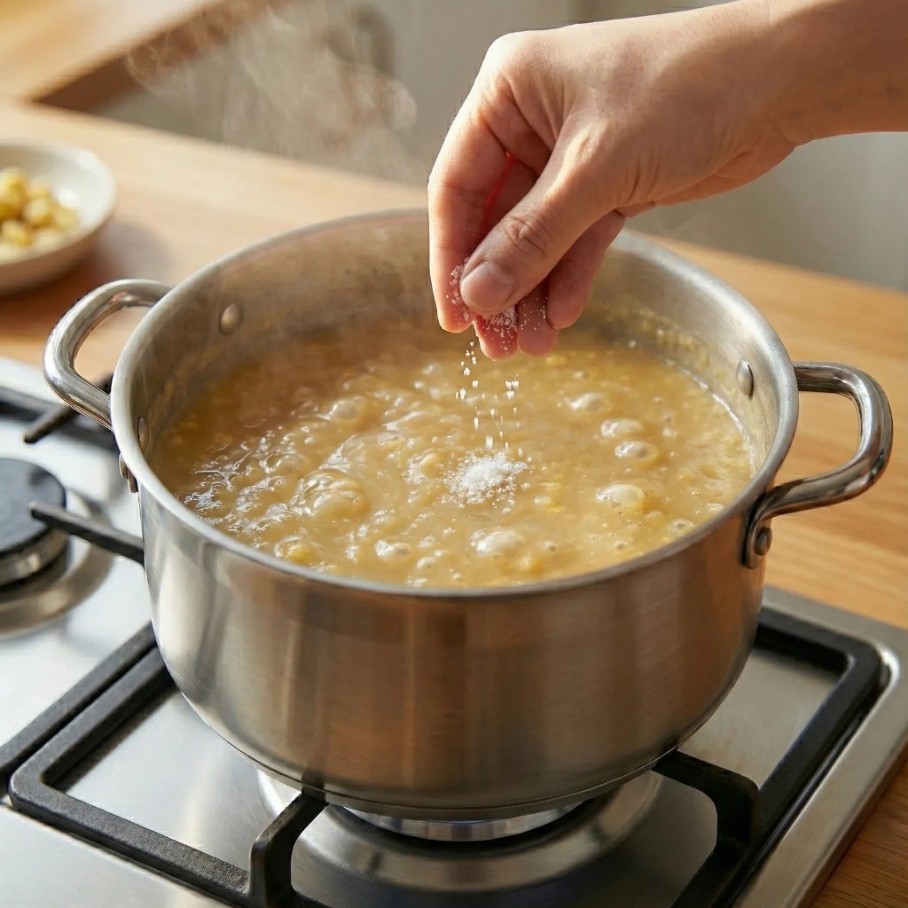 백종원 밤죽 소금 간 맞추기 및 완성된 밤죽