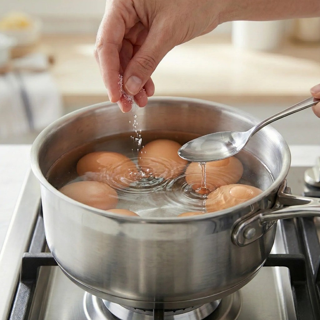 계란 삶기 준비 - 냄비에 찬물, 소금, 식초를 넣어 껍질 잘 까는 환경 만들기