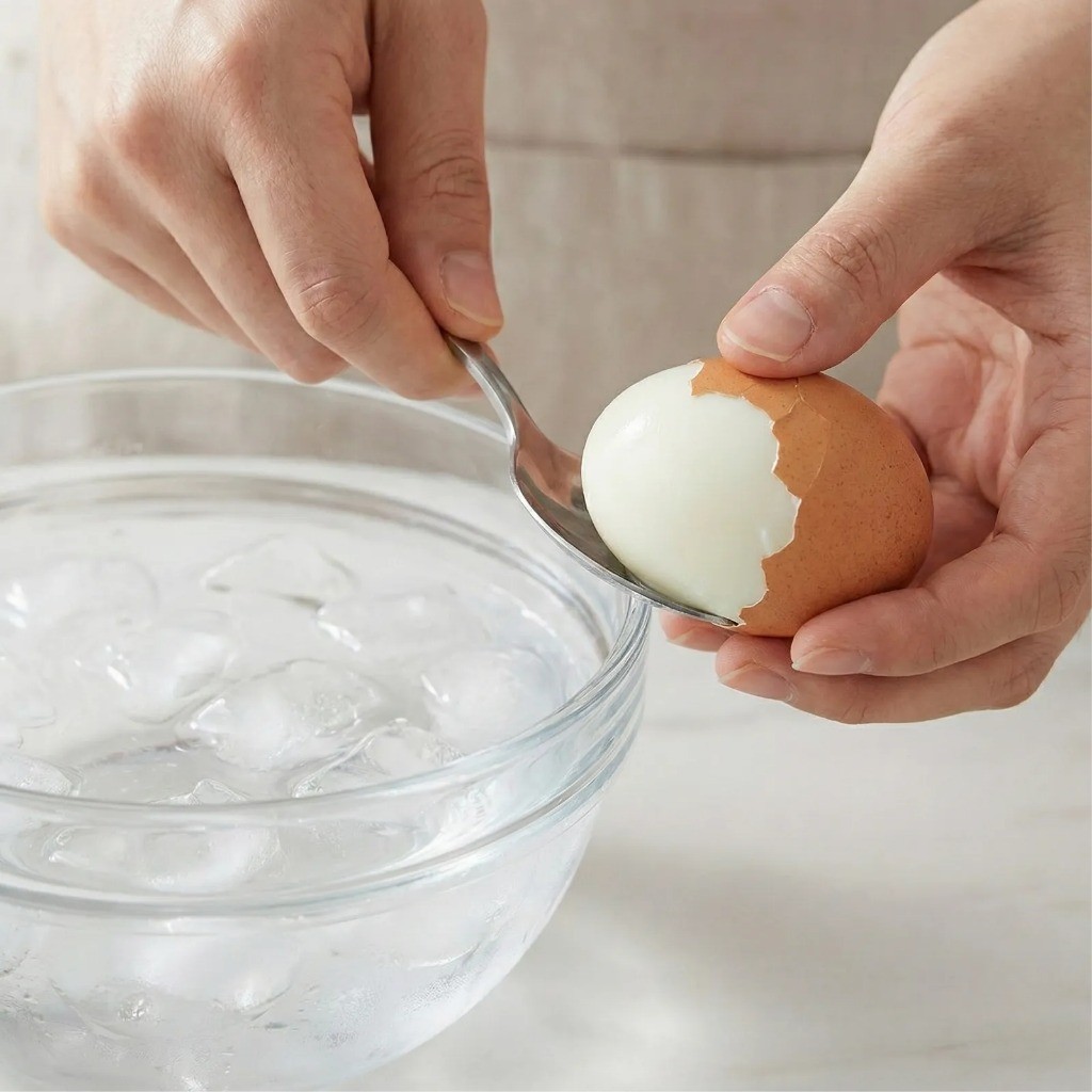 계란 껍질 쉽게 까는 법 - 찬물 마사지 후 숟가락을 이용해 매끄럽게 벗기기