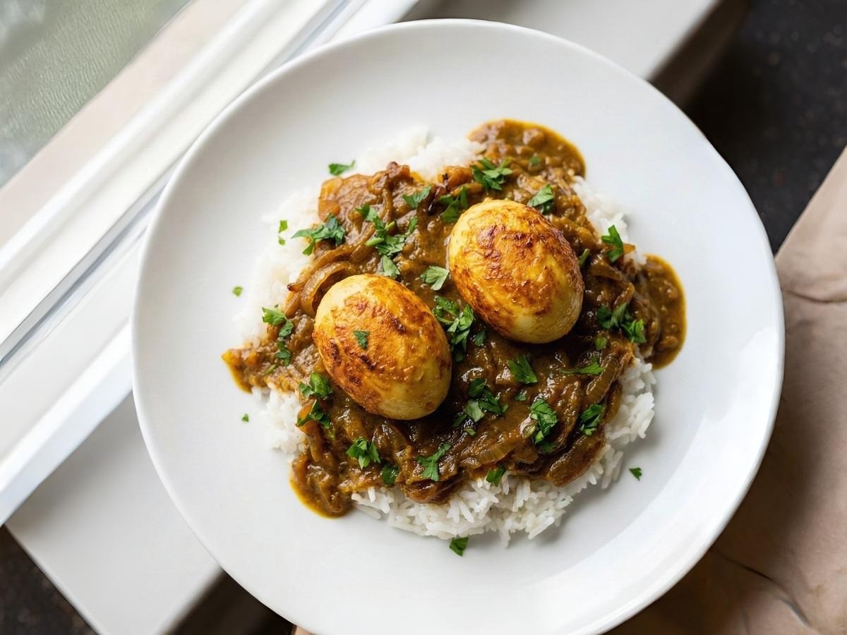 백종원 구운 달걀 카레 완성 - 밥 위에 얹어진 먹음직스러운 카레와 노릇하게 구워진 달걀