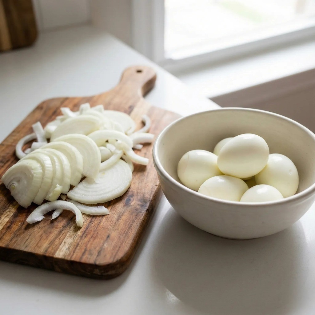 구운 달걀 카레 재료 준비 - 껍질 깐 삶은 달걀과 채 썰어 준비한 양파