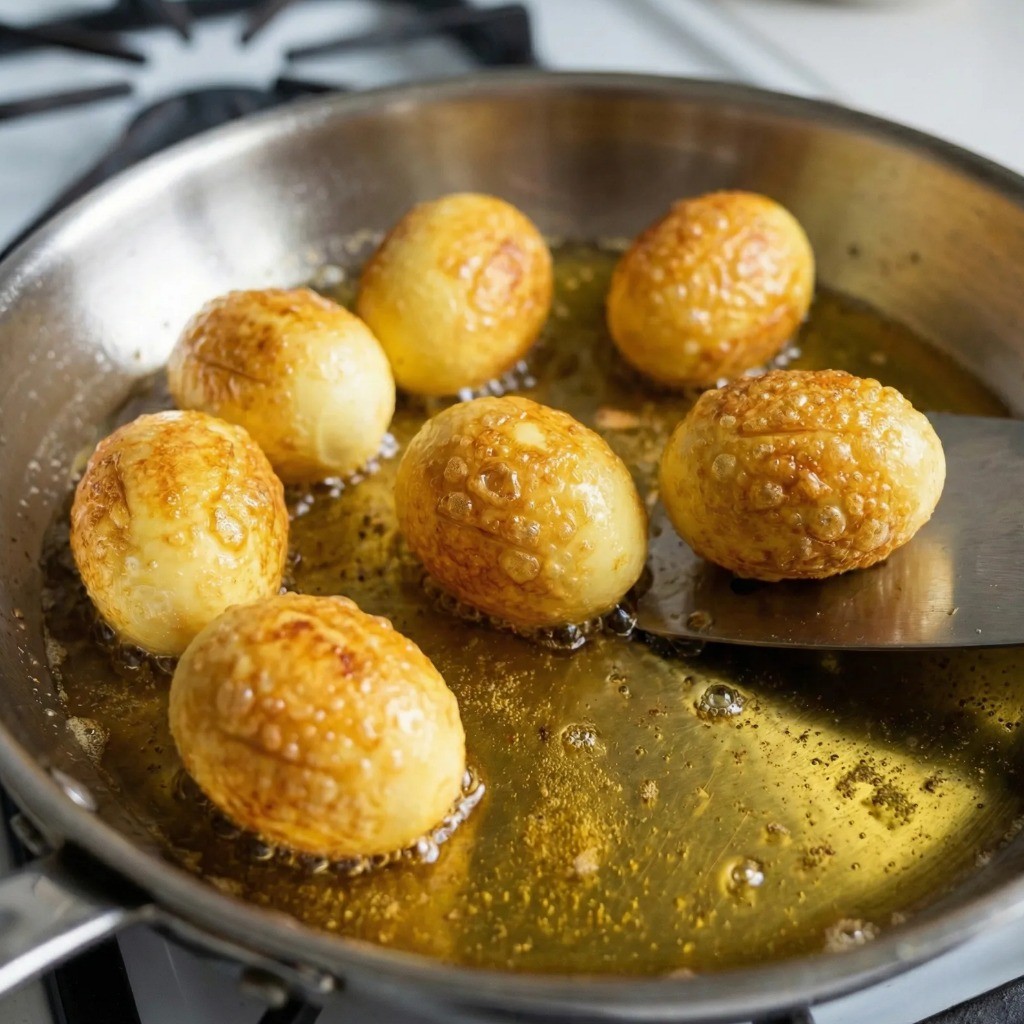 달걀 튀기듯 굽기 - 식용유를 넉넉히 두른 팬에서 갈색빛이 돌 때까지 노릇하고 쭈글쭈글하게 구워지는 삶은 달걀