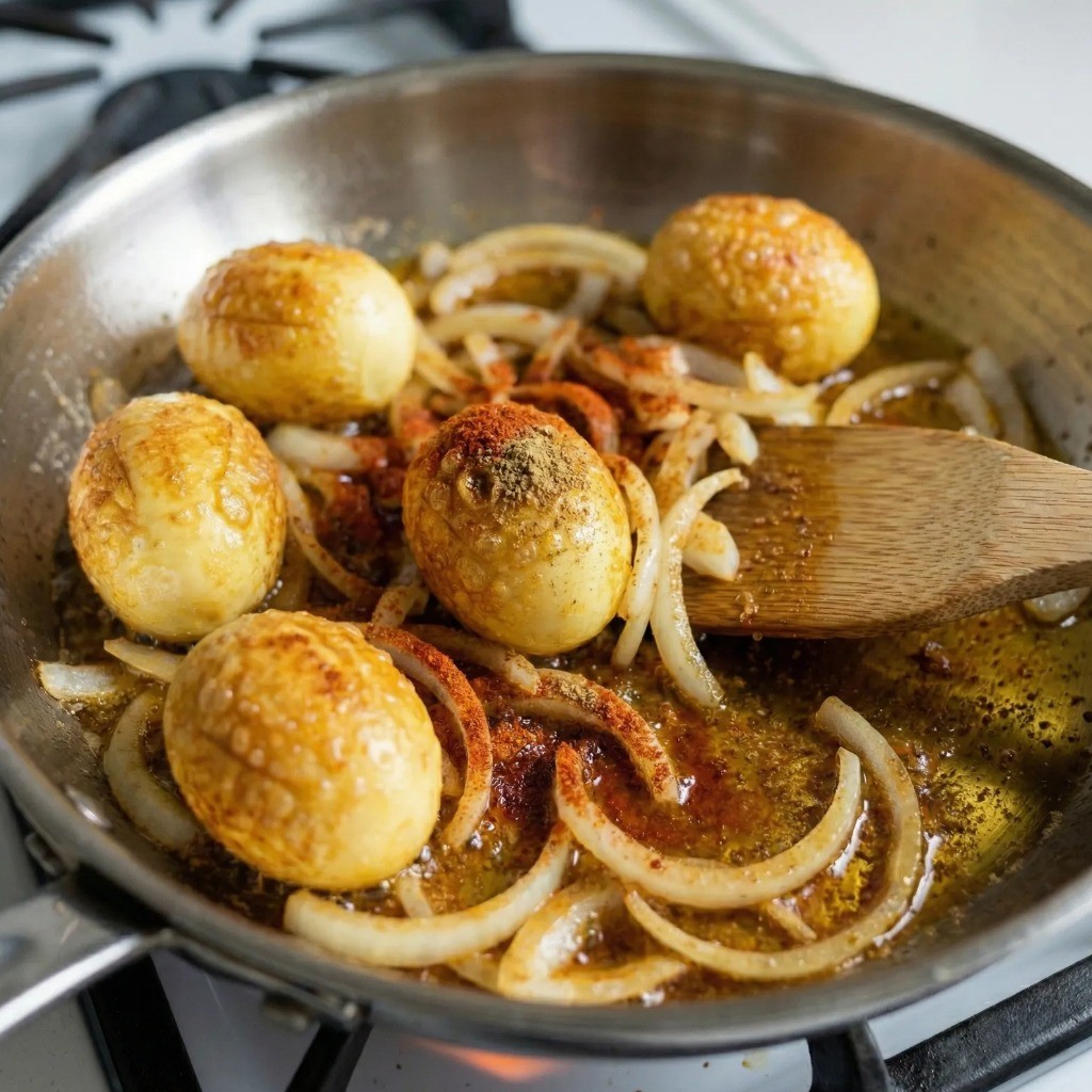 양파와 향신료 볶기 - 구운 달걀에 양파, 고춧가루, 큐민을 넣고 함께 볶아 풍미를 내는 과정