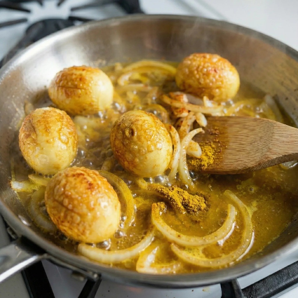 카레 끓이기 - 물을 붓고 카레 가루를 넣어 보글보글 끓이며 농도를 맞추는 모습