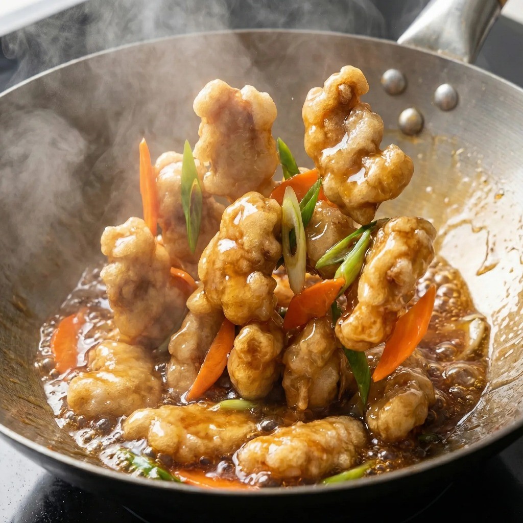 새콤달콤한 꿔바로우 소스에 튀긴 고기 버무리기