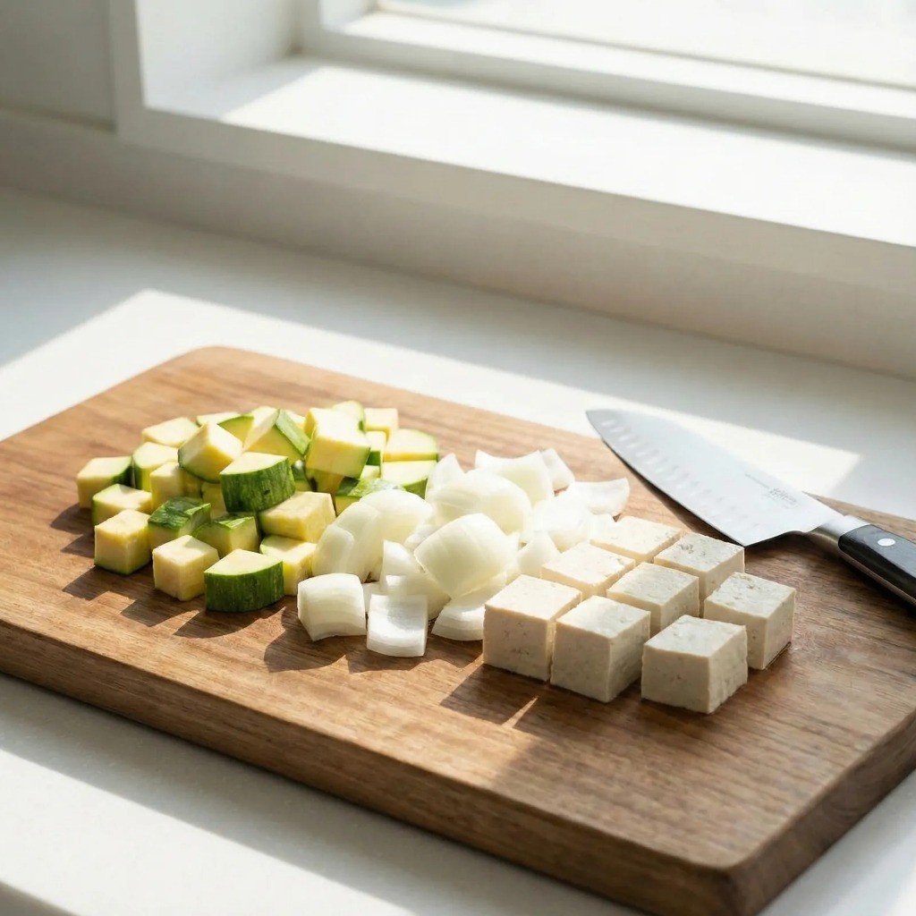 된장찌개 재료 애호박 양파 두부 깍둑썰기 손질