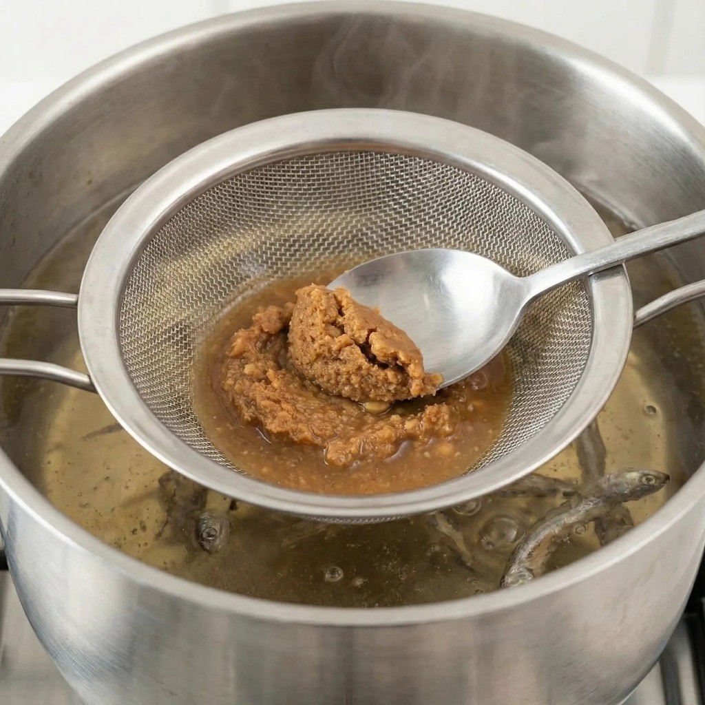 끓는 육수에 된장을 체에 걸러 풀고 마늘 넣기