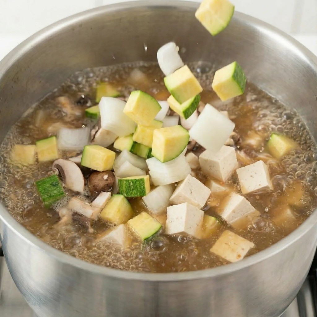 멸치 육수에 양파 애호박 두부 넣고 끓이기