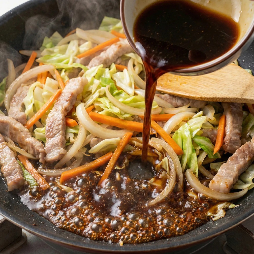 채소와 소스 넣어 끓이기, 자작한 국물 만들기