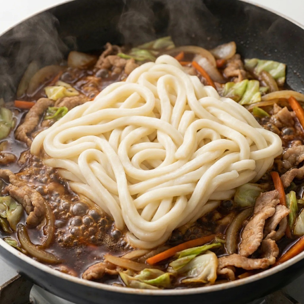 우동면 넣어 졸이기, 소스가 배어들게 볶는 과정