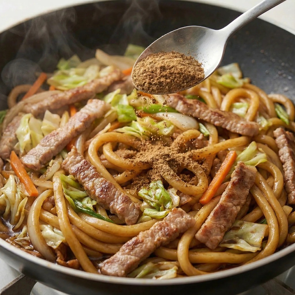 멸치 가루 뿌리고 쪽파 마요네즈로 마무리한 볶음우동