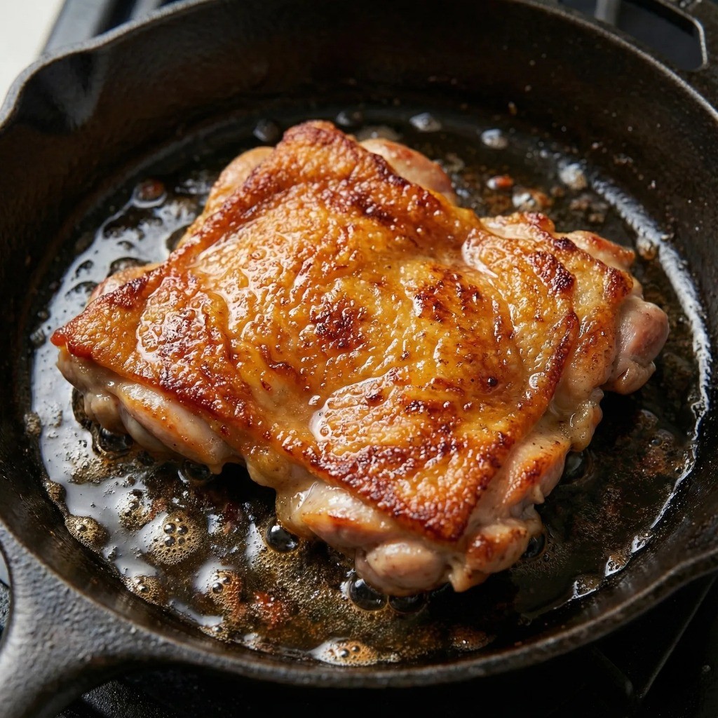 기름 없이 약불에서 껍질부터 바삭하게 굽는 닭다리살 스테이크 조리 과정