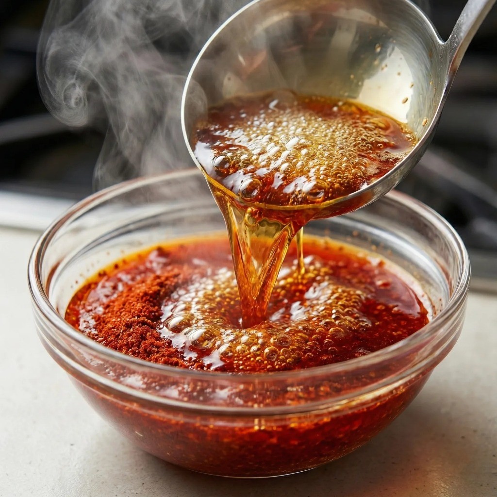 파기름을 끓여 고춧가루에 부어 만드는 수제 고추기름 조리 과정