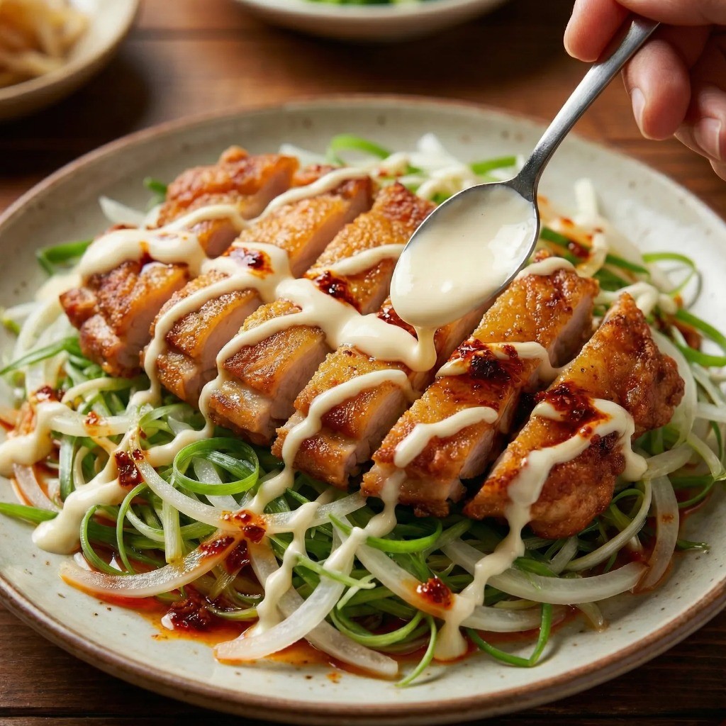 파채 위에 구운 닭다리살을 올리고 소스를 뿌려 완성한 닭다리살 대파무침 플레이팅