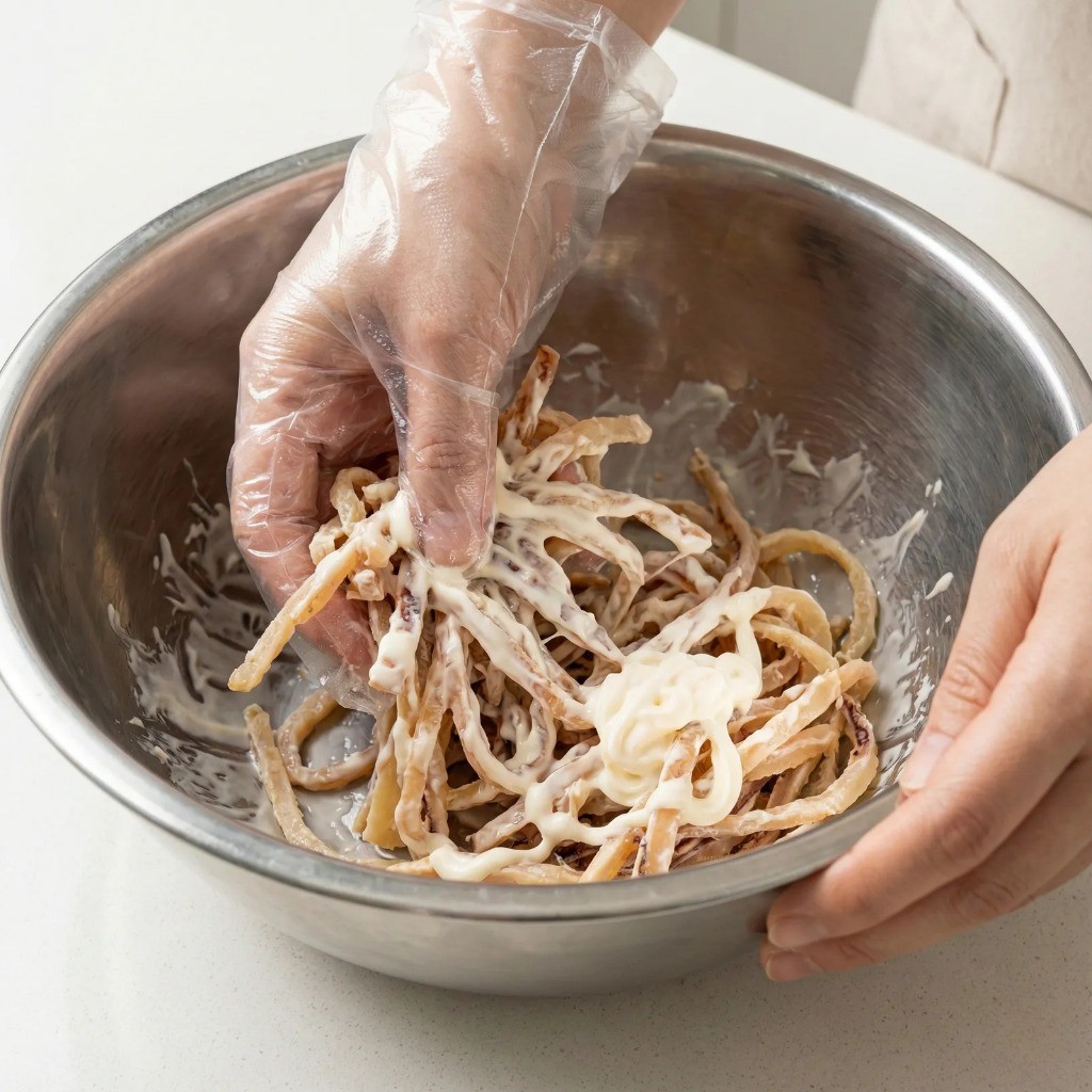 진미채 부드럽게 만들기 위해 마요네즈로 버무리는 과정