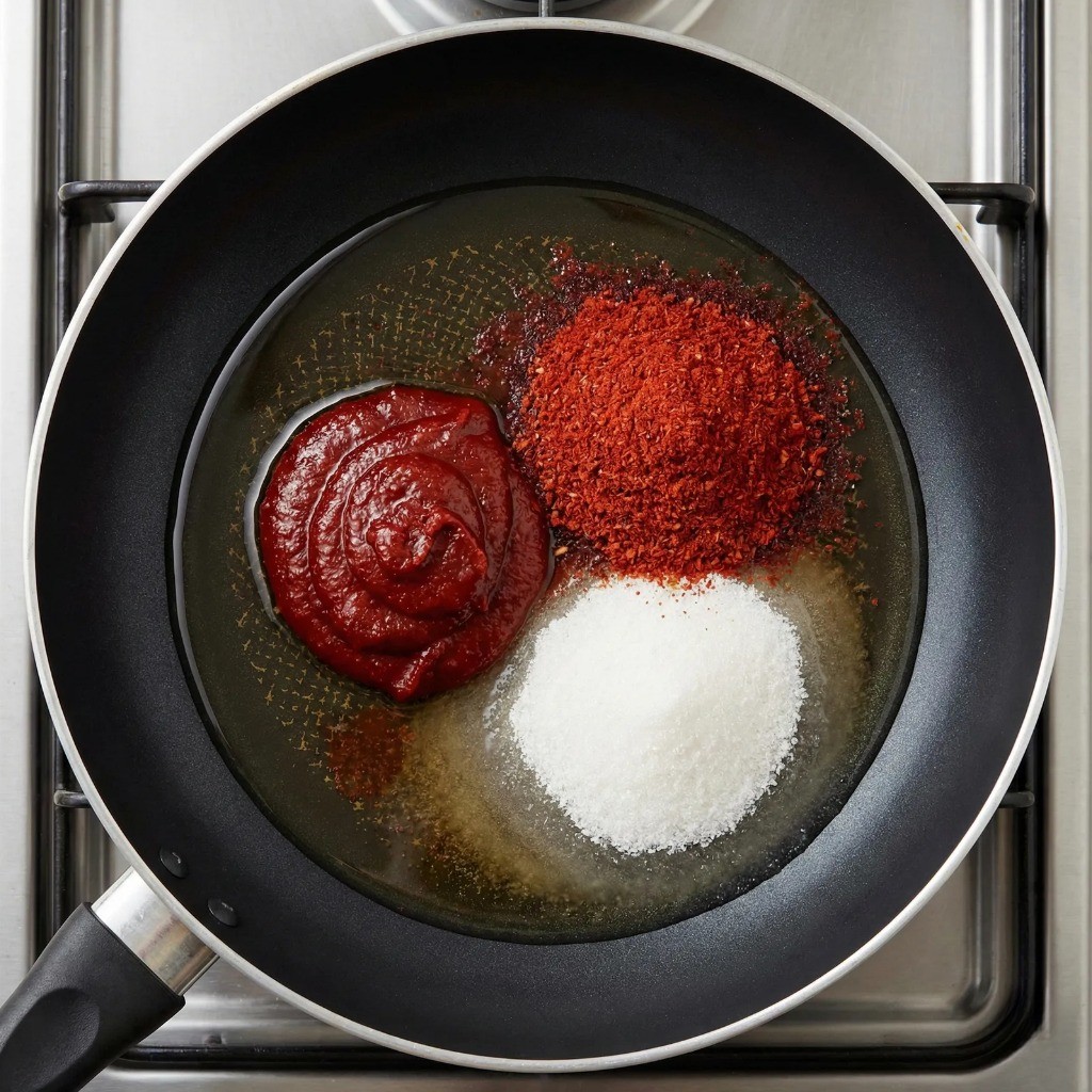 고추장, 설탕, 물엿 등 진미채볶음 양념 재료를 팬에 넣은 모습