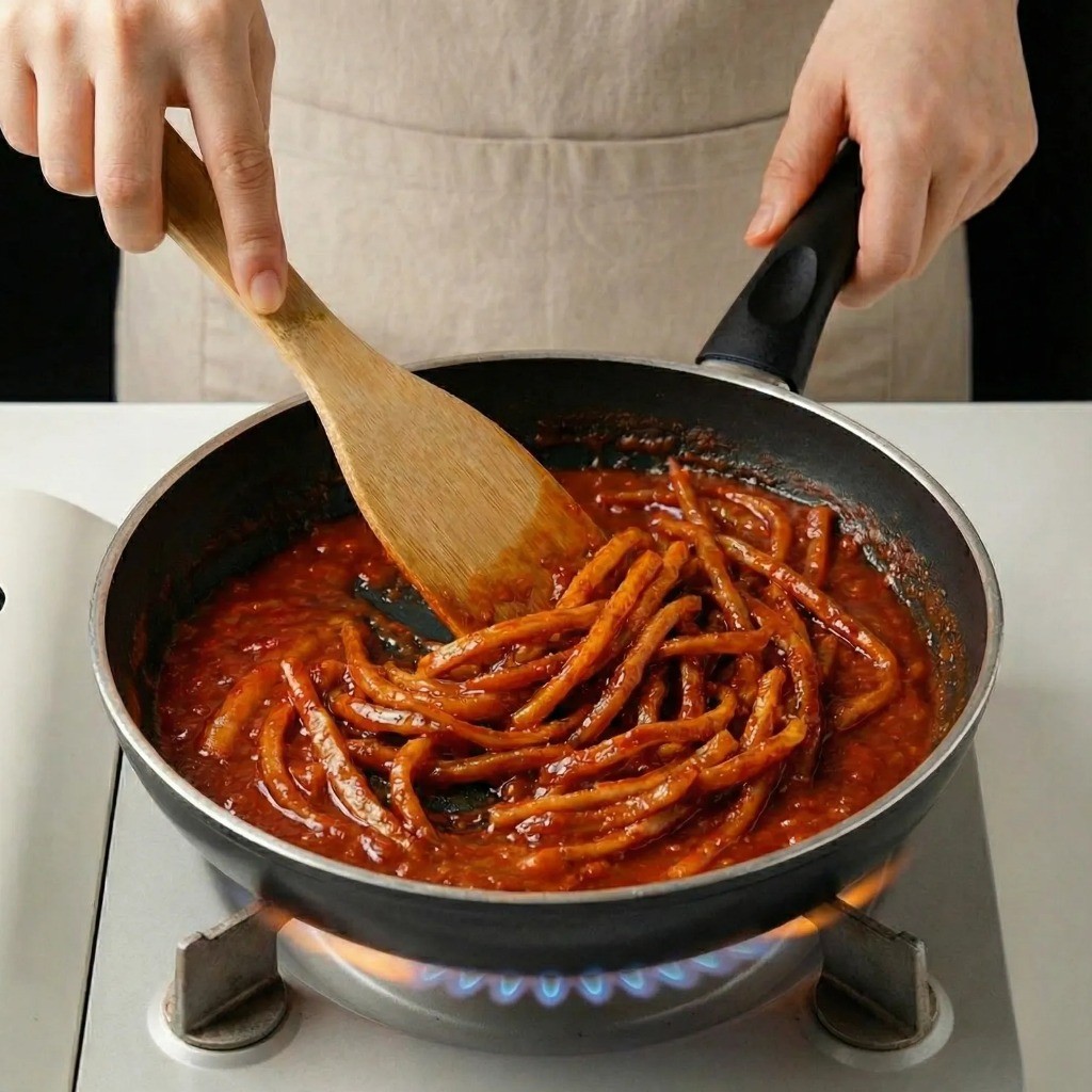 불을 끄고 마요네즈에 버무린 진미채를 양념에 섞는 과정