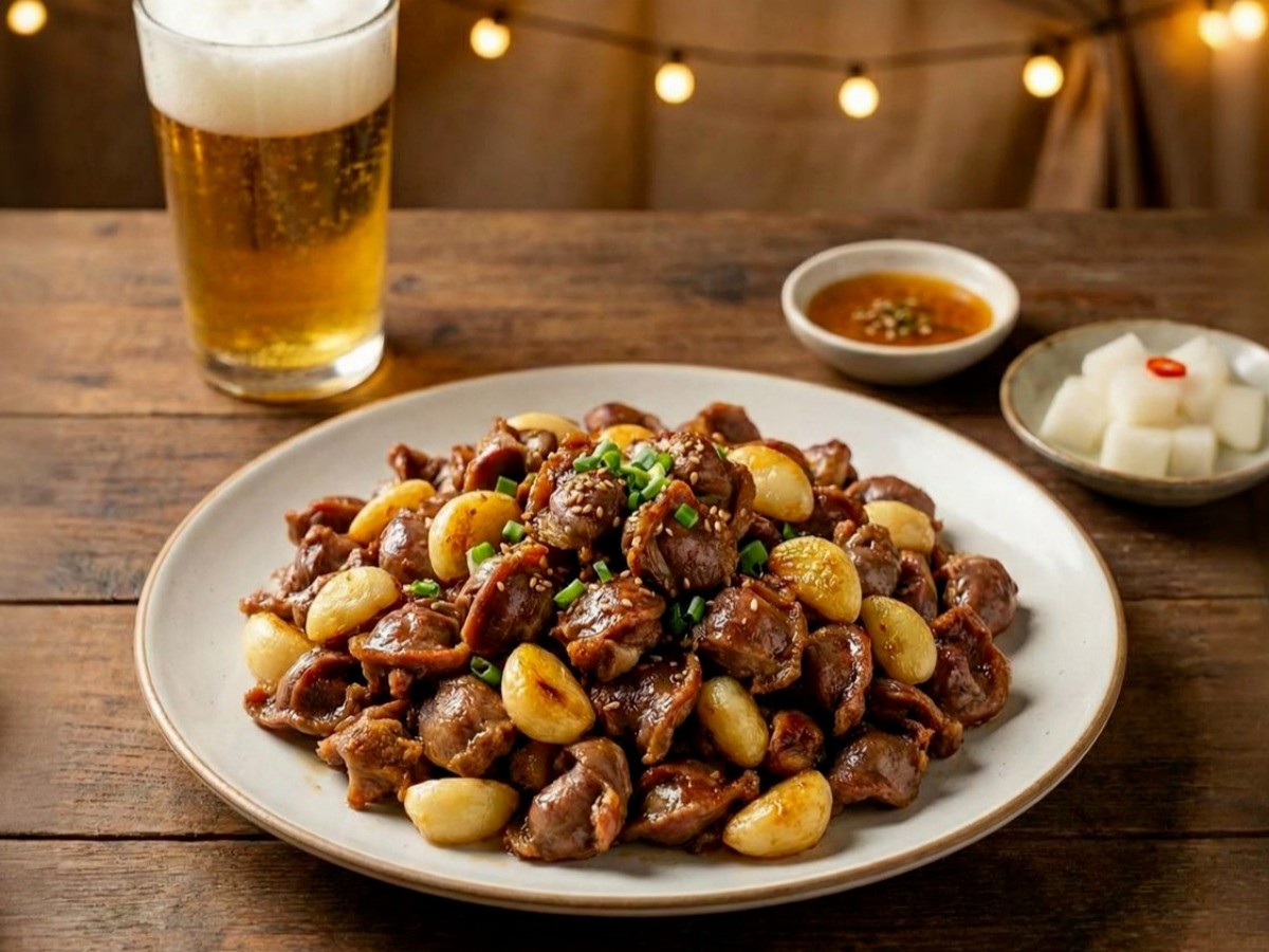 백종원 닭똥집 볶음 완성 - 노릇하게 튀겨진 마늘과 쫄깃한 닭근위 술안주