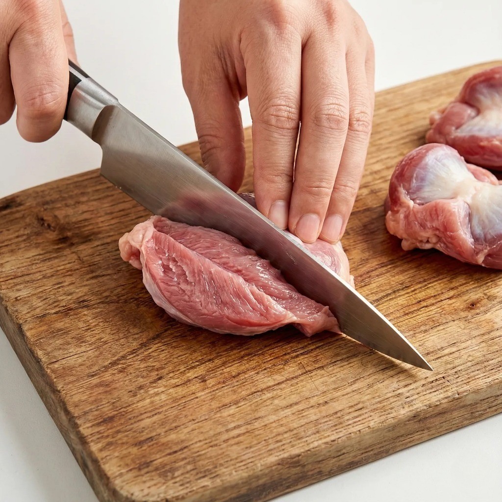 닭똥집 손질법 - 식감을 살리기 위해 세로 방향으로 길게 자르는 과정