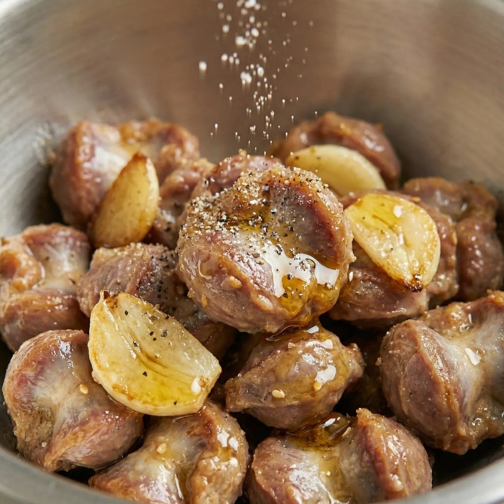 닭똥집 볶음 양념 - 기름을 빼고 맛소금, 후추, 참기름으로 간하는 모습