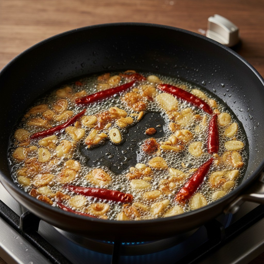 백종원 바지락 볶음 레시피 1단계: 식용유에 다진 마늘과 고추를 볶아 향 내기