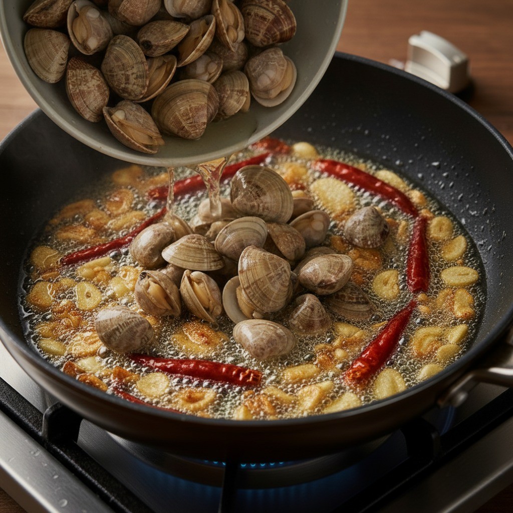 백종원 바지락 볶음 레시피 2단계: 해감한 바지락을 팬에 넣는 모습