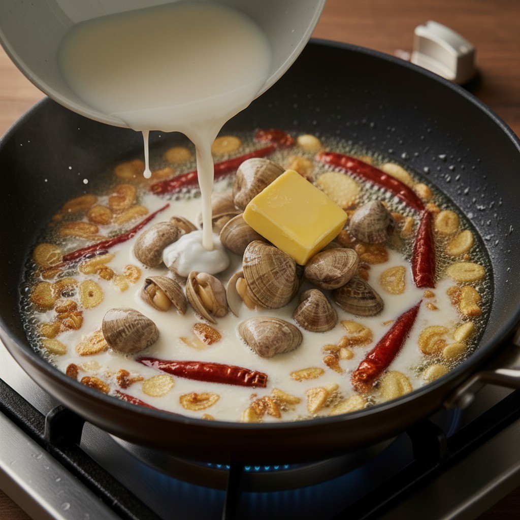 백종원 바지락 술찜 레시피 3단계: 막걸리와 버터를 넣어 풍미를 더하는 과정