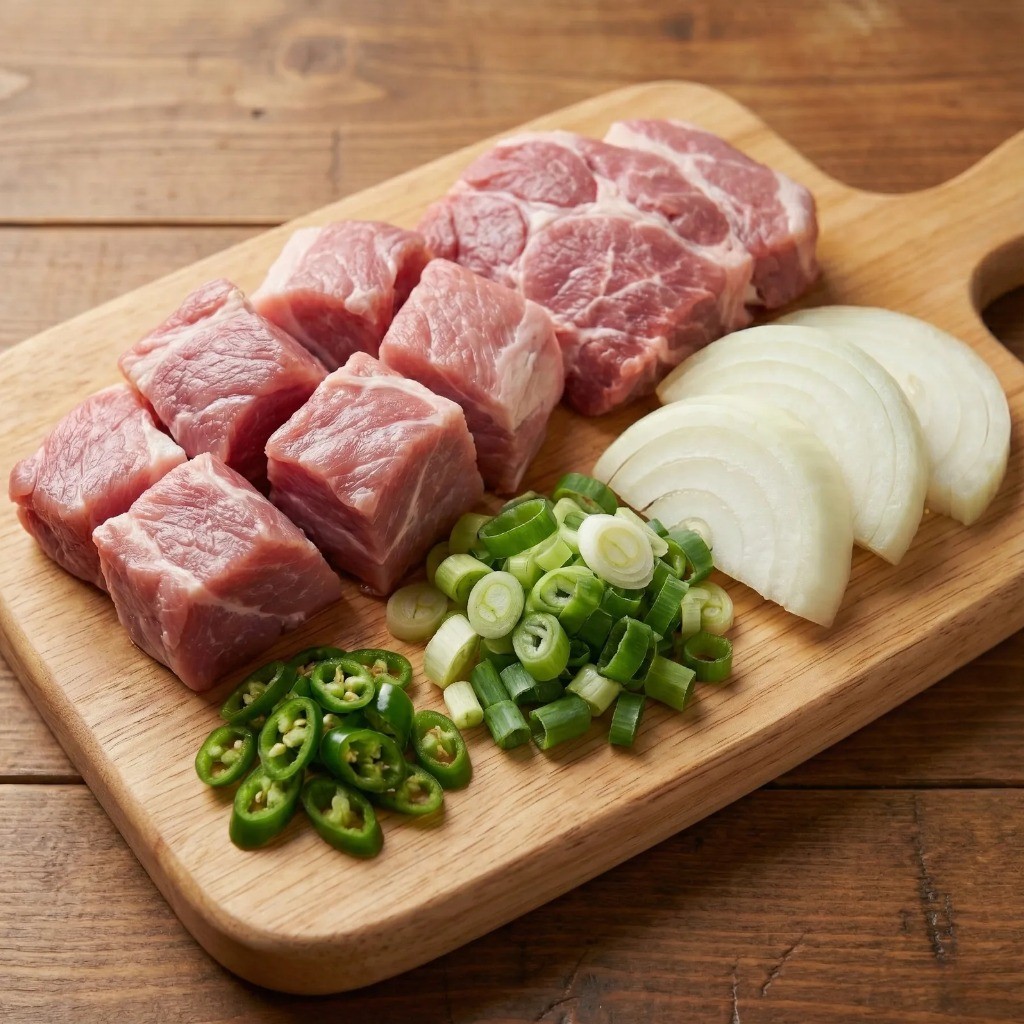김치찜 재료 손질: 양파 대파 청양고추와 큼직한 돼지고기 전지