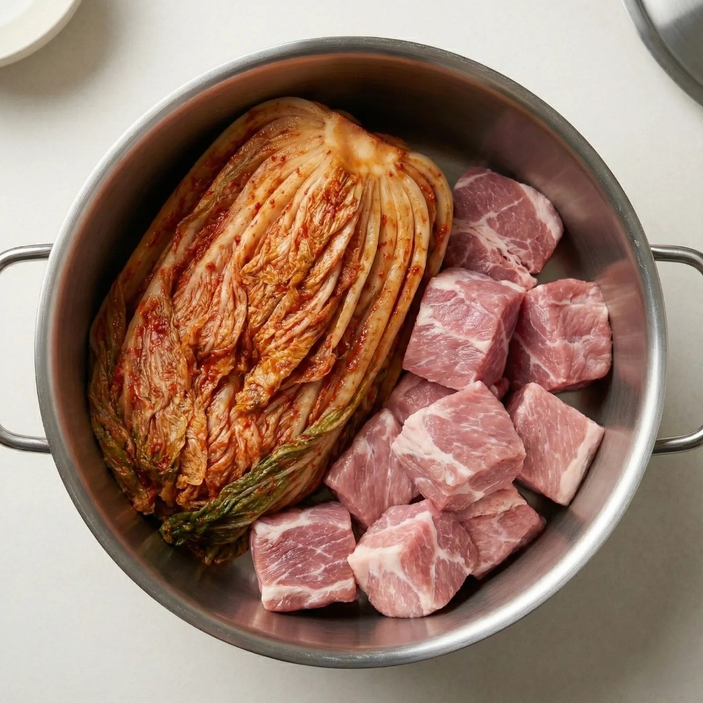 냄비에 통째로 넣은 묵은지 포기김치와 돼지고기