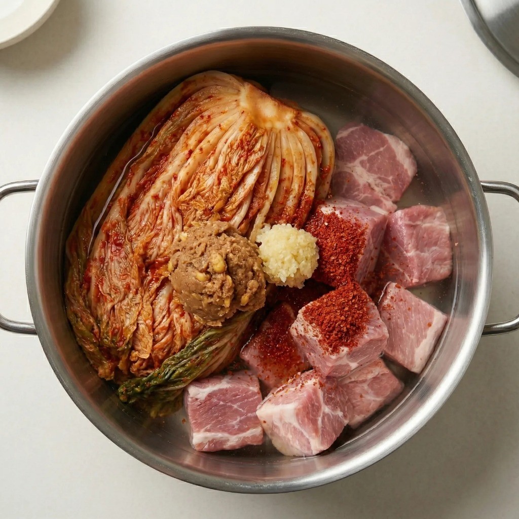 김치찜 양념장 투하: 된장, 설탕, 고춧가루, 다진마늘