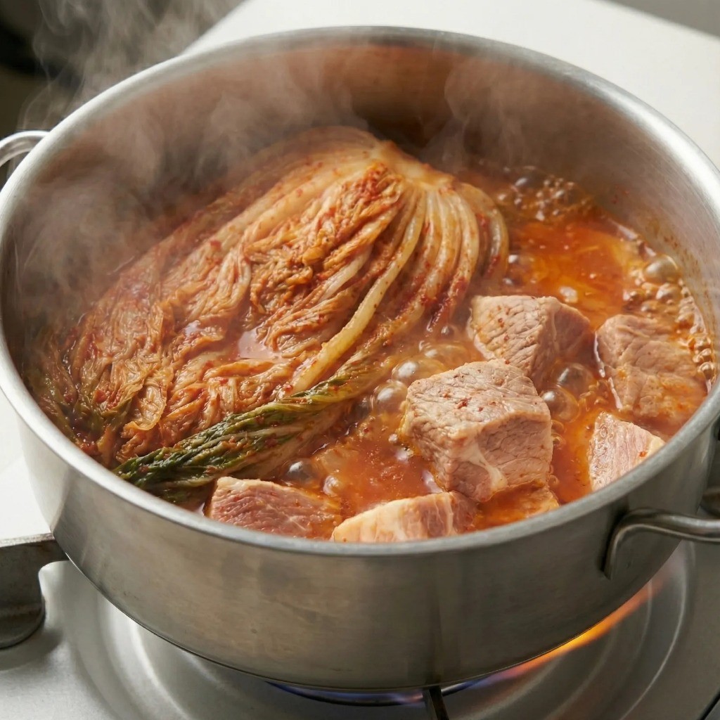 1시간 30분 동안 푹 끓여 깊은 맛을 내는 돼지고기 김치찜 조리 과정
