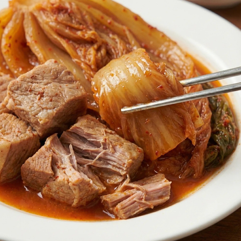 부드럽게 찢어지는 고기와 묵은지: 완성된 백종원 김치찜 플레이팅