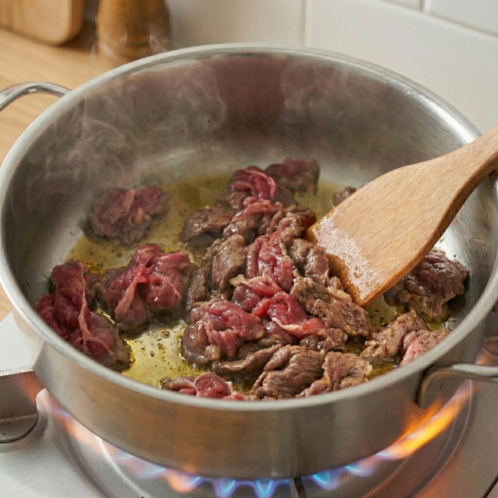 참기름을 두른 냄비에 소고기를 넣어 핏기 없이 볶는 과정