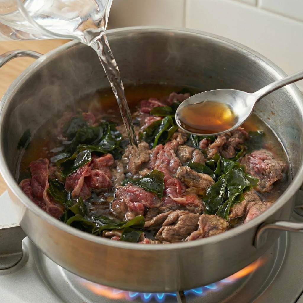 볶은 재료에 물을 붓고 액젓으로 감칠맛을 더해 끓이는 모습