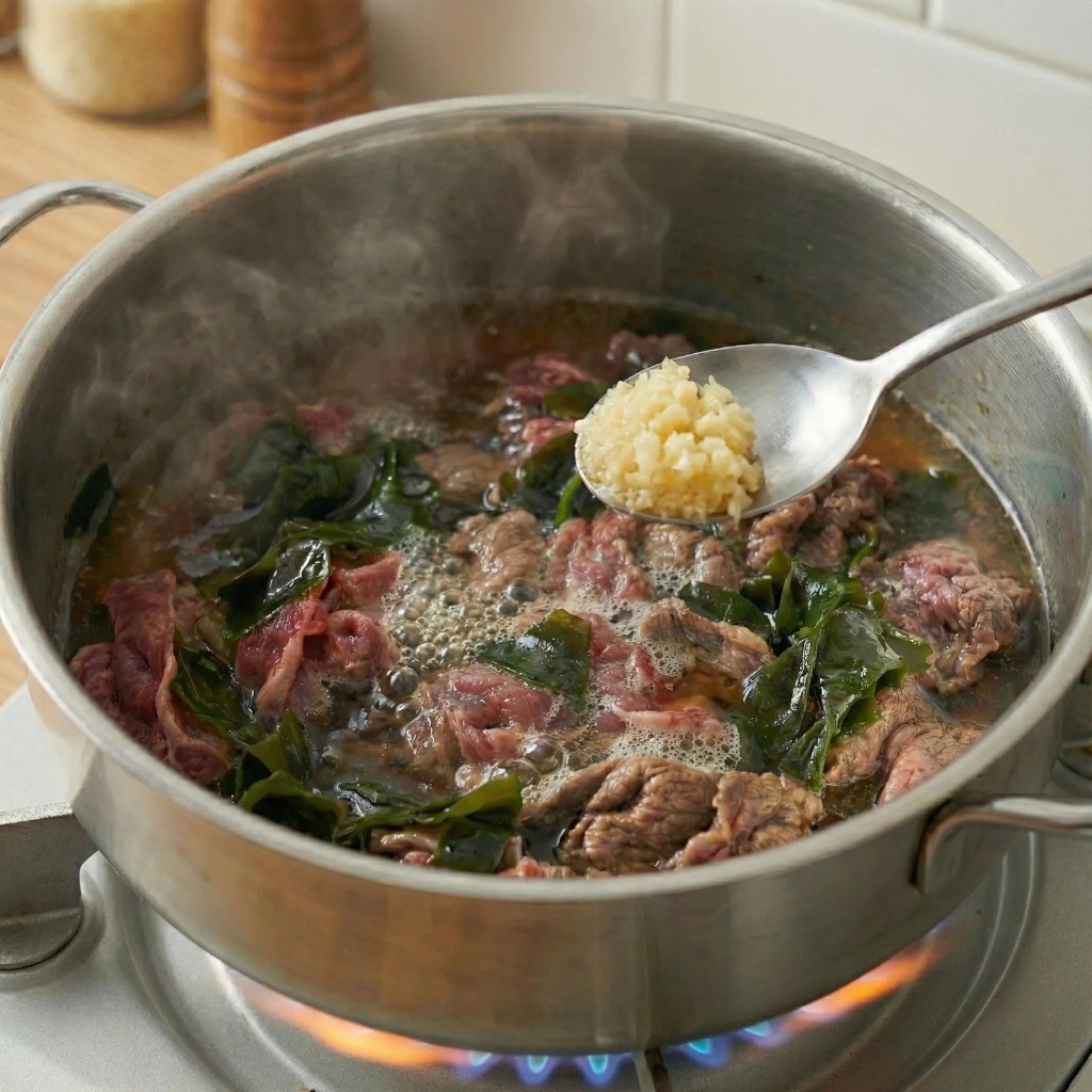 다진 마늘을 추가하여 풍미를 살린 소고기 미역국 마무리
