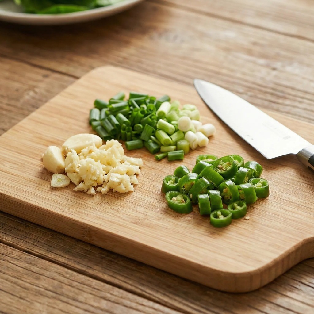 시금치 무침 양념 재료 손질 - 으깬 마늘과 대파, 청양고추