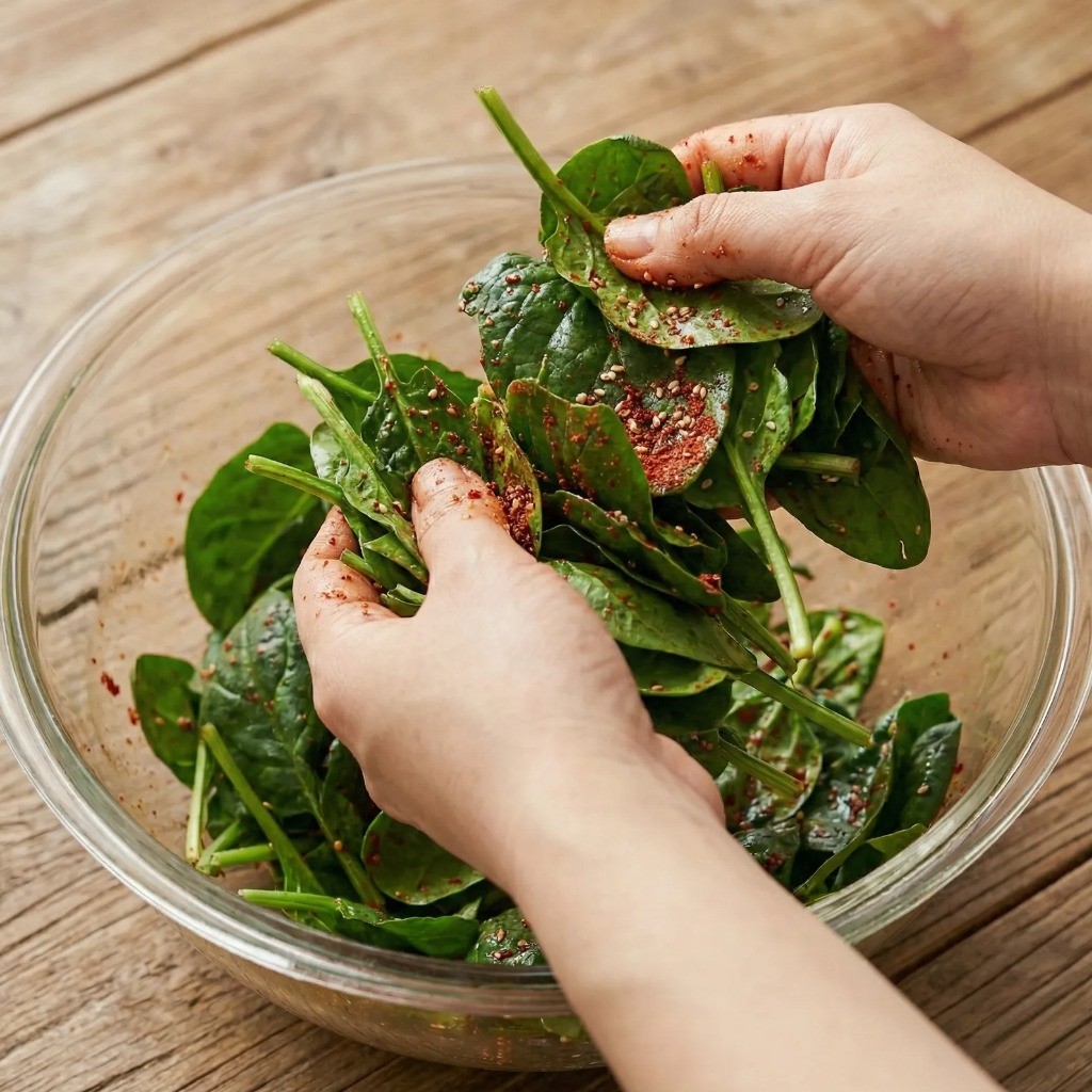 백종원 시금치 무침 양념하기 - 고춧가루 참기름 맛소금으로 버무리기