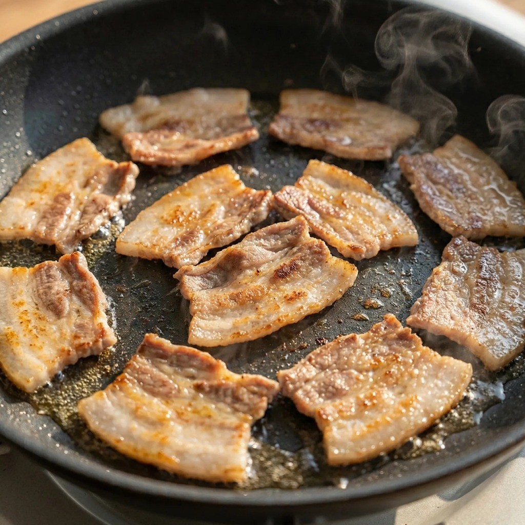 시금치 무침과 어울리는 얇은 돼지고기 대패삼겹살 굽기