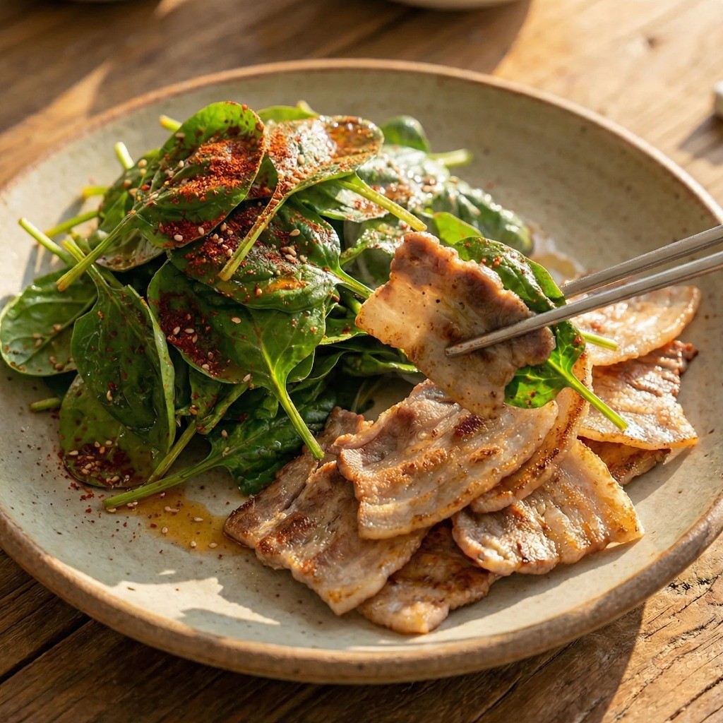 완성된 시금치 무침과 삼겹살 플레이팅 - 집밥 고기 반찬 추천