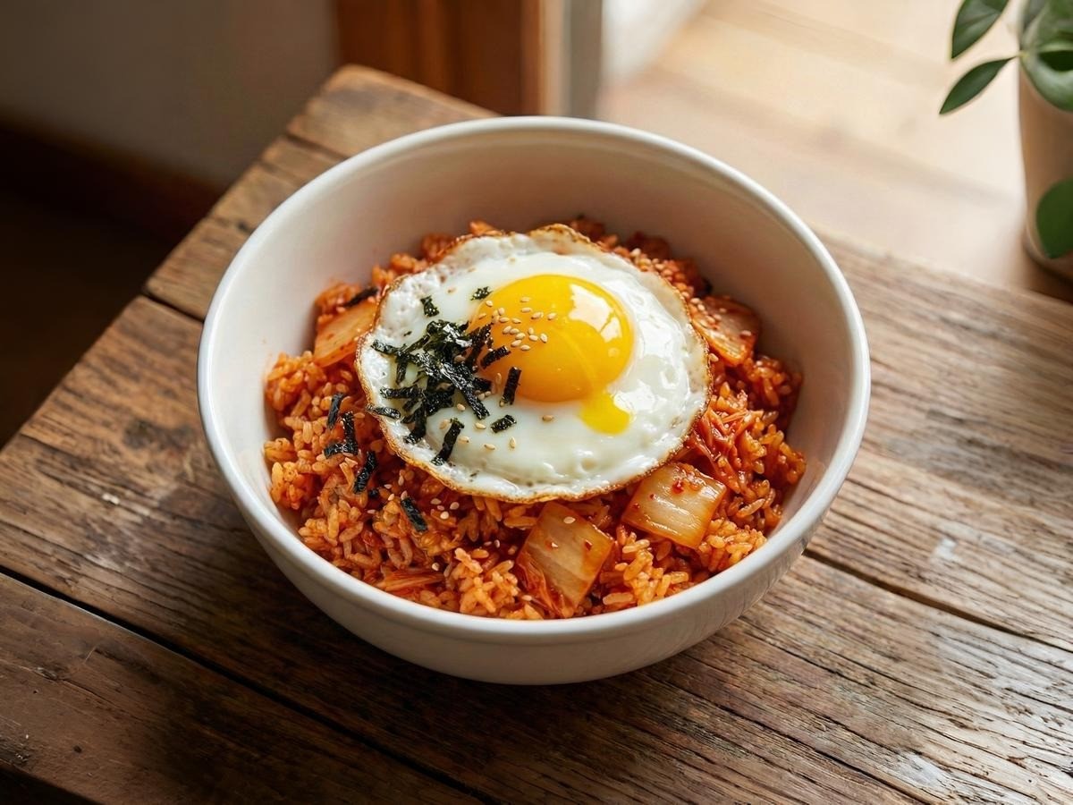 백종원 김치볶음밥 황금레시피 완성, 반숙 계란후라이와 김가루가 올려진 먹음직스러운 요리