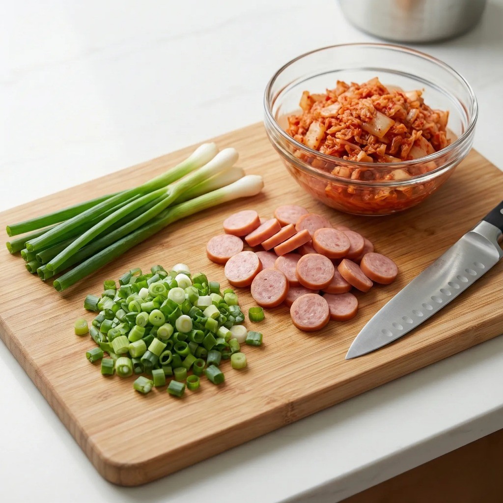 백종원 김치볶음밥 재료 손질: 송송 썬 대파, 얇게 썬 소세지, 가위로 자른 신김치